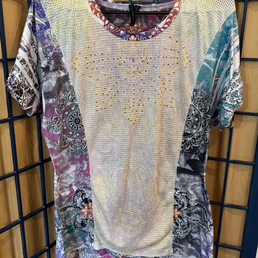 One World Live & Let Live Boho Patchwork Rhinestone Tee โ Size S - Picture 1 of 4